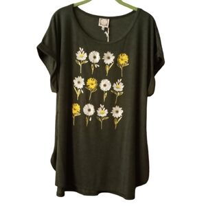 TruSelf Daisy Print Front Design Lightweight Pullover Top Size 2X Olive Green